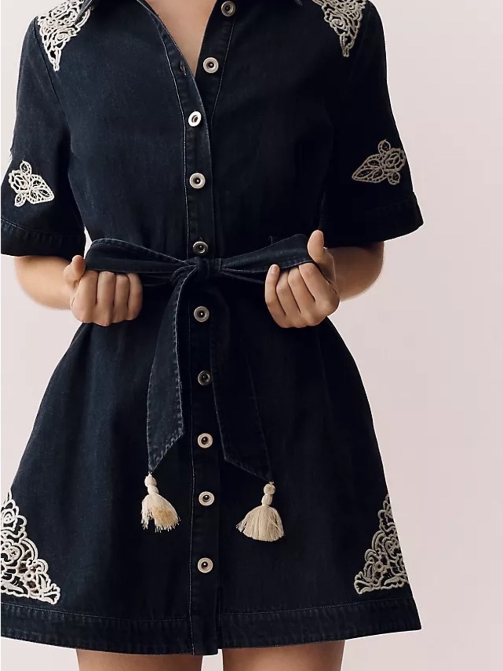 En Saison Black Mini Shirt Dress with Cream Embroidery - Picture 2 of 8